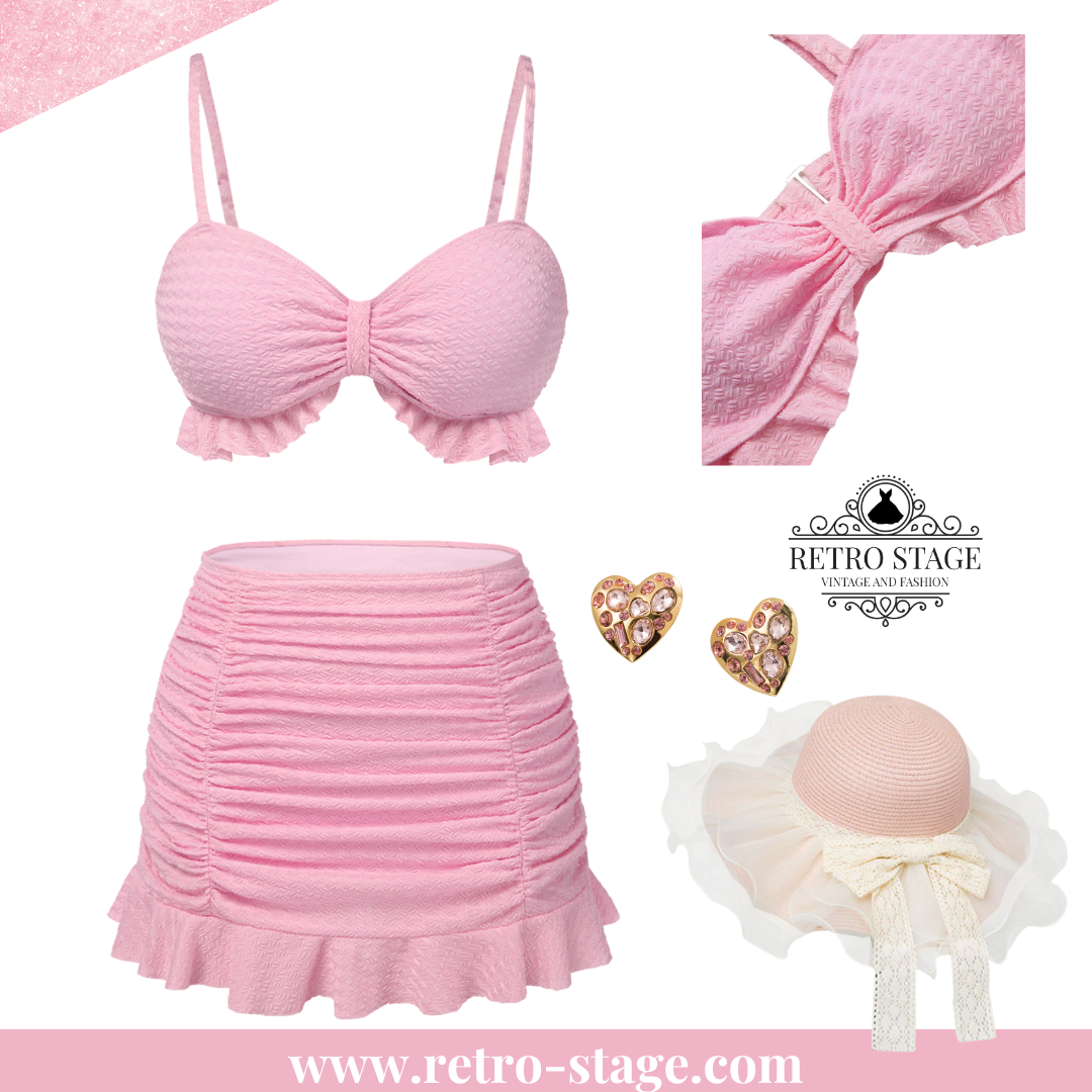 [Pre-Sale] Pink 1950s Spaghetti Strap Ruffle Solid Swimsuit - Pink / S / 2