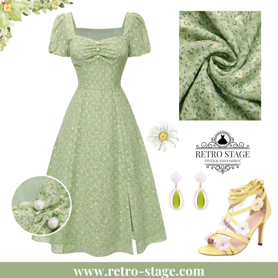 [Pre-Sale] Green 1940s Sweetheart Ditsy Floral Dress - Light Green / S / 2