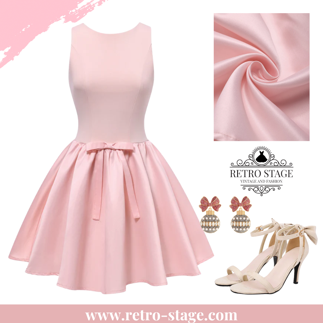 Pink 1950s Solid Bow Backless Skater Dress - Pink / XS