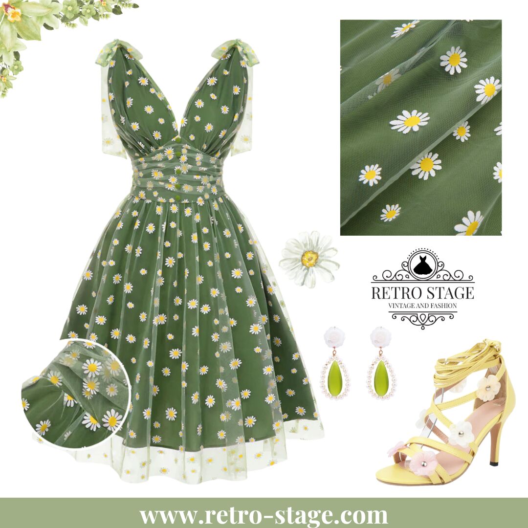 [Pre-Sale] Green 1950s Daisy Mesh Swing Dress - Green / S / 2