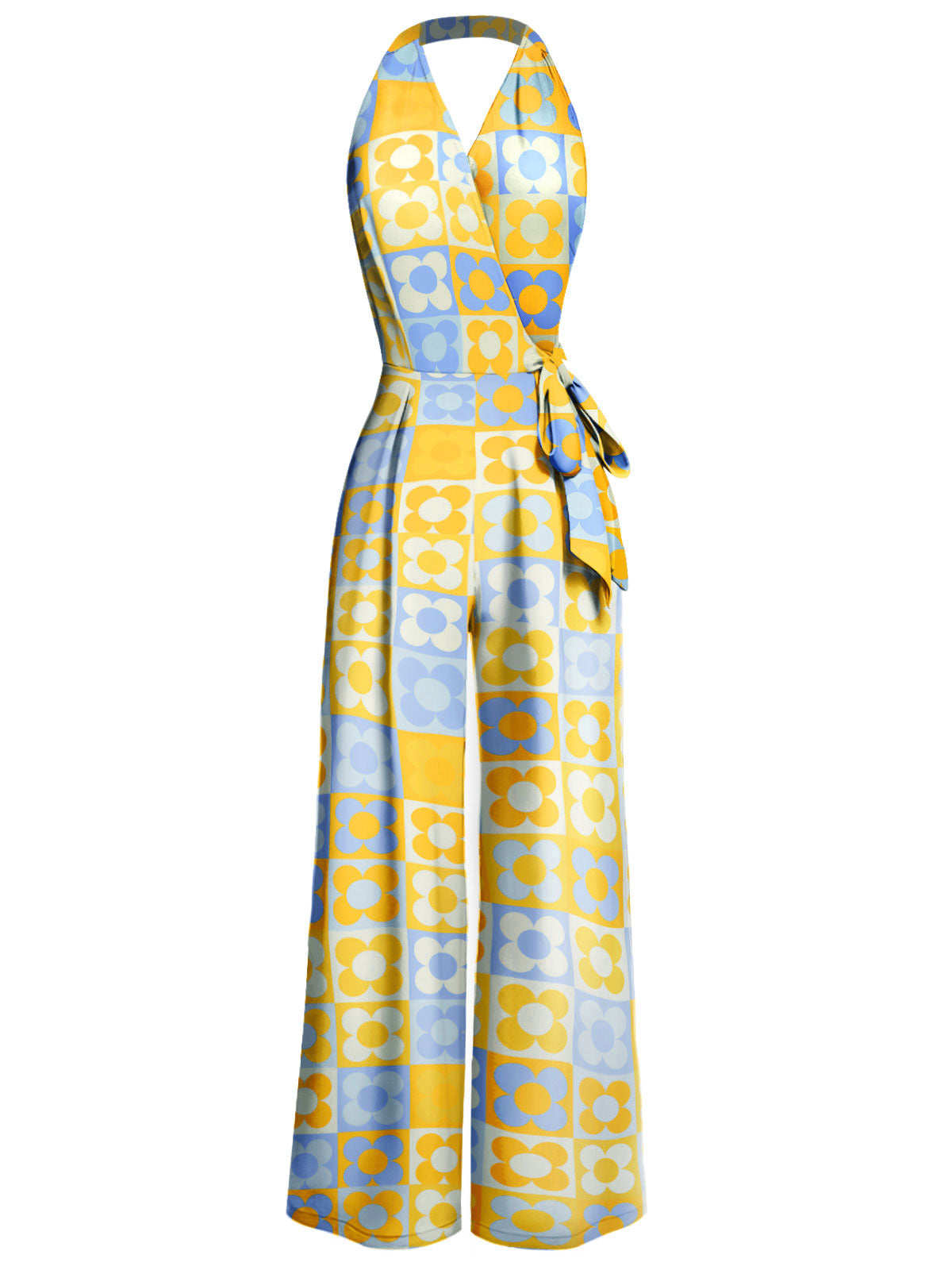 [Pre-Sale] 1960s Halter Colorblock Floral Sleeveless Jumpsuit - Yellow / S / 2