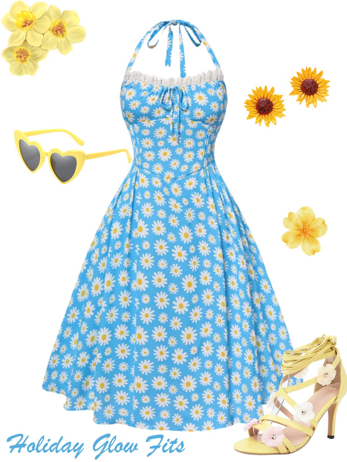 [Pre-Sale] Blue 1950s Halter Lace Daisy Dress - Blue / S / 2