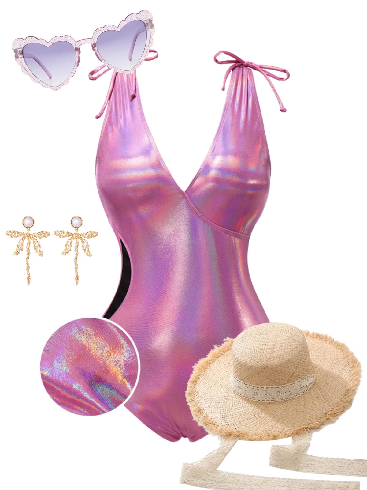 Pink 1970s Bow Deep V Gloss Hollow Swimsuit - Pink / S / 2