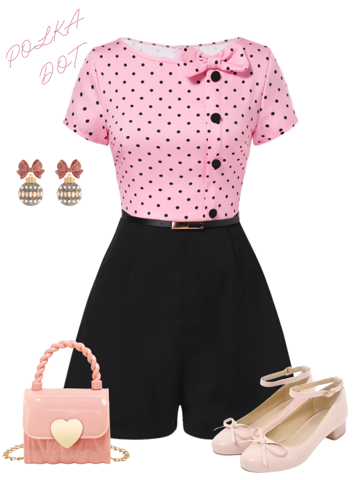 [Pre-Sale] Pink 1950s Polka Dot Bow Romper - Pink / S / 2