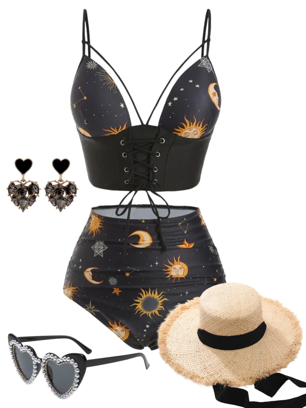 Black 1940s Sun Moon Stars Lace-Up Swimsuit - Black / S