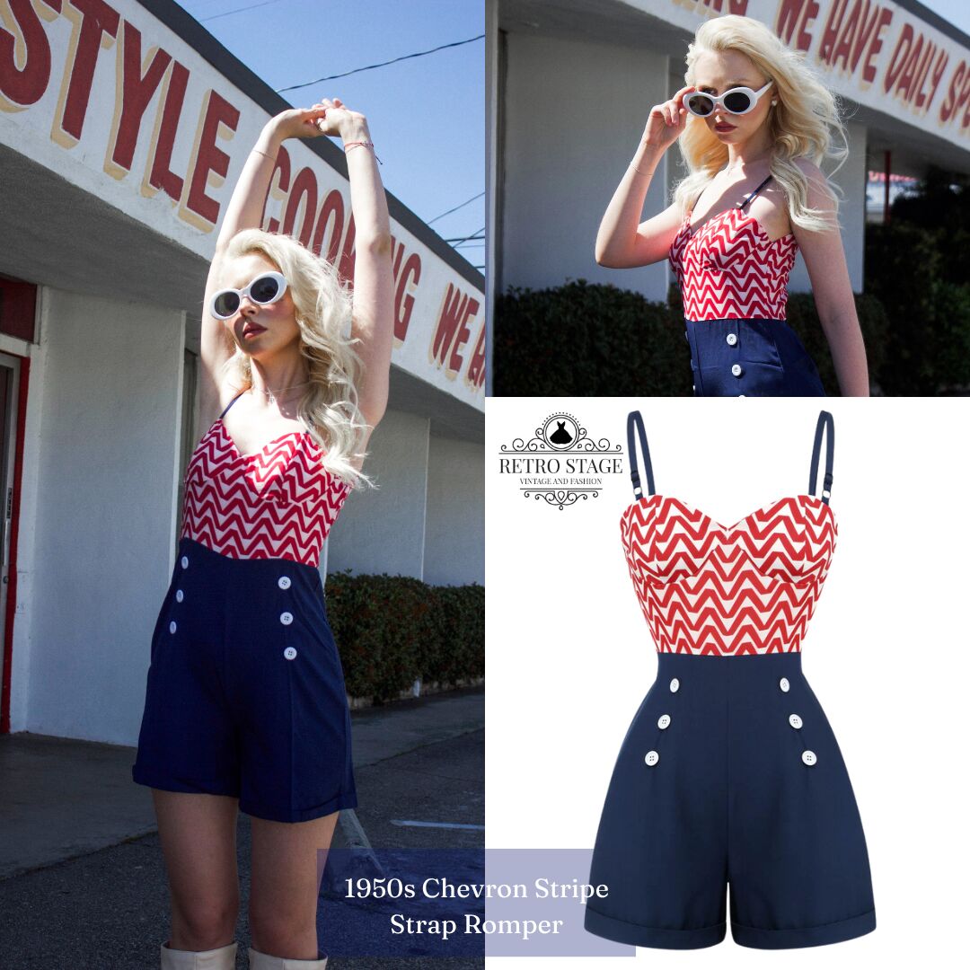 Red & Blue 1950s Chevron Stripe Strap Romper