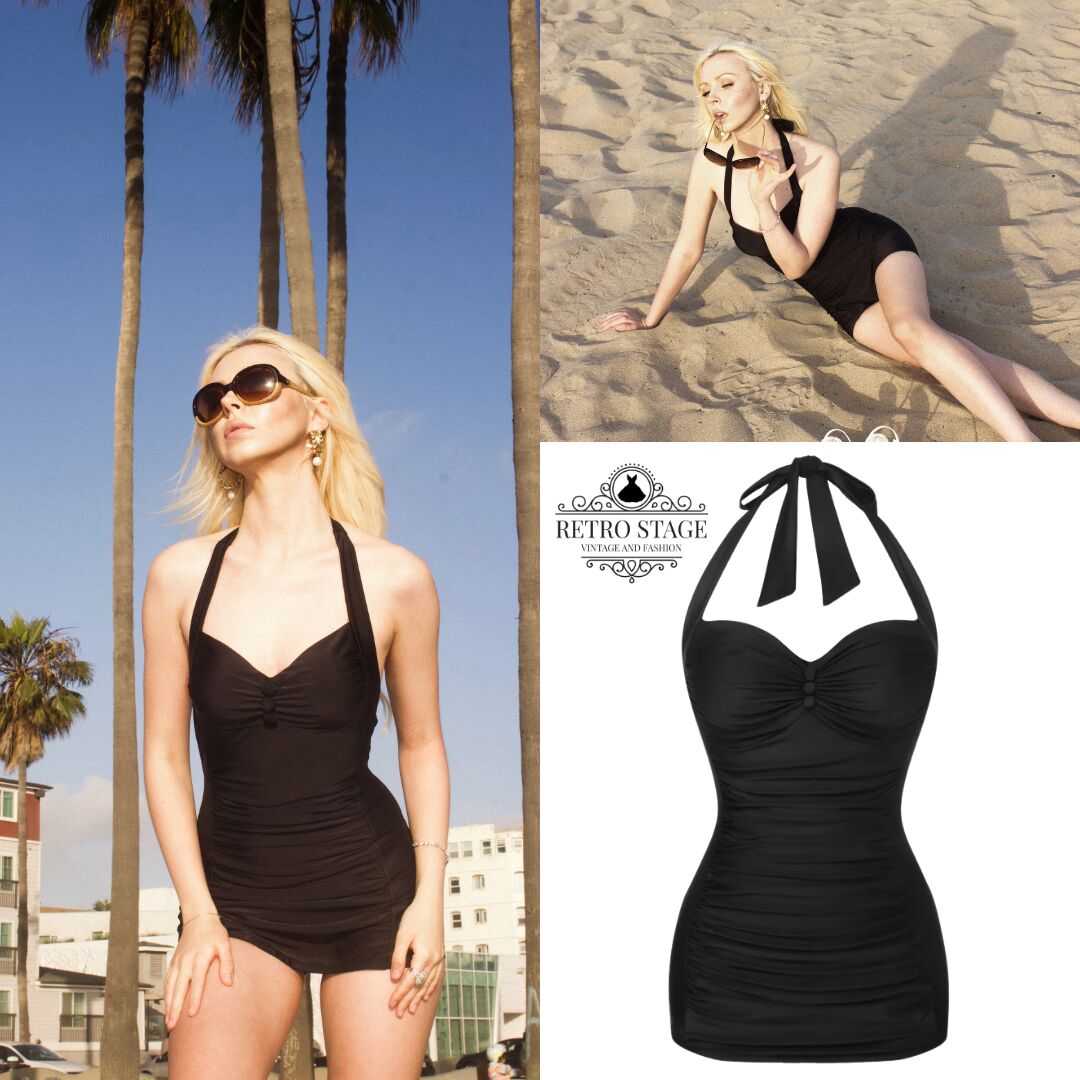 Black 1950s Solid Gathered Halter Swimsuit