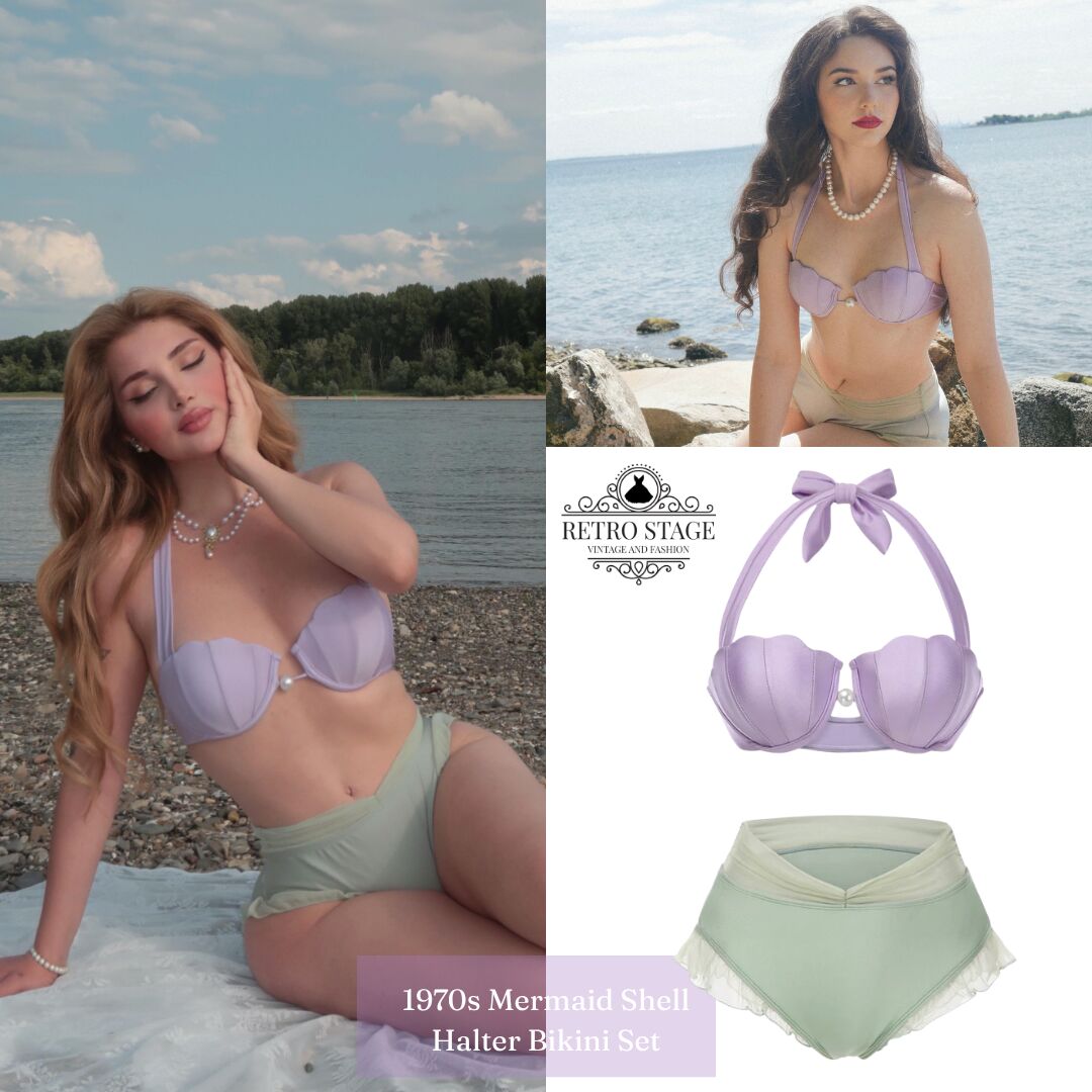 Lavender 1970s Mermaid Shell Halter Bikini Set