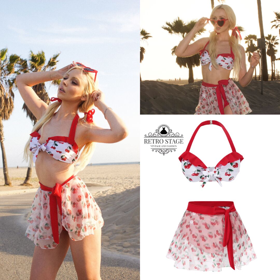 2PCS Red 1950s Cherry Bikini & Tie-Waist Cover up