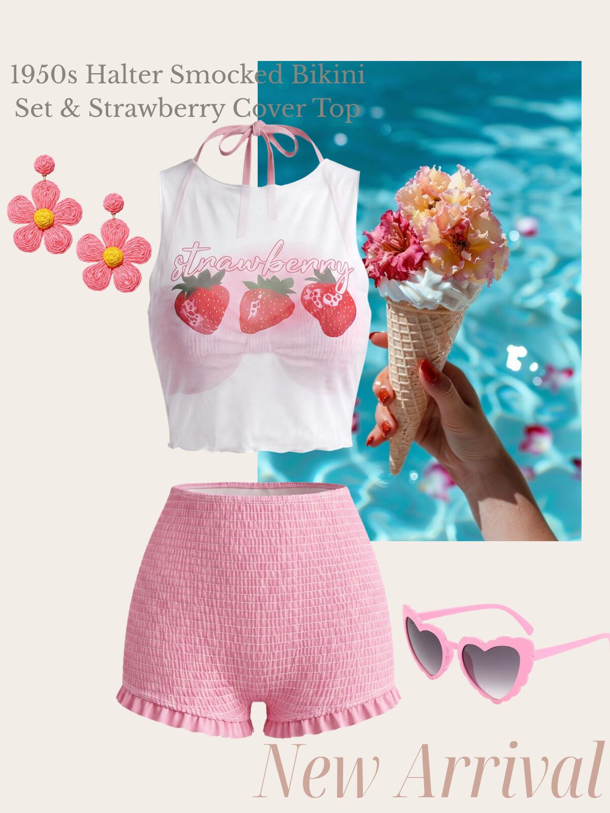 [Pre-Sale] Pink 1950s Halter Smocked Bikini Set & Strawberry Cover Top