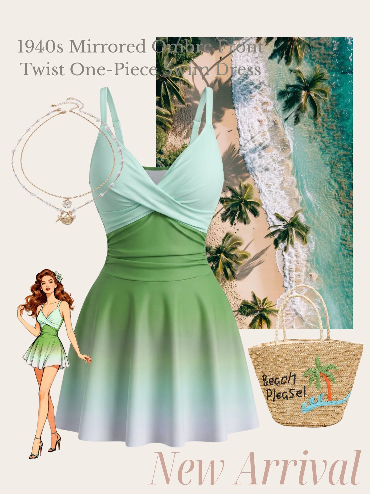1940s Mirrored Ombre Front Twist One-Piece Swim Dress