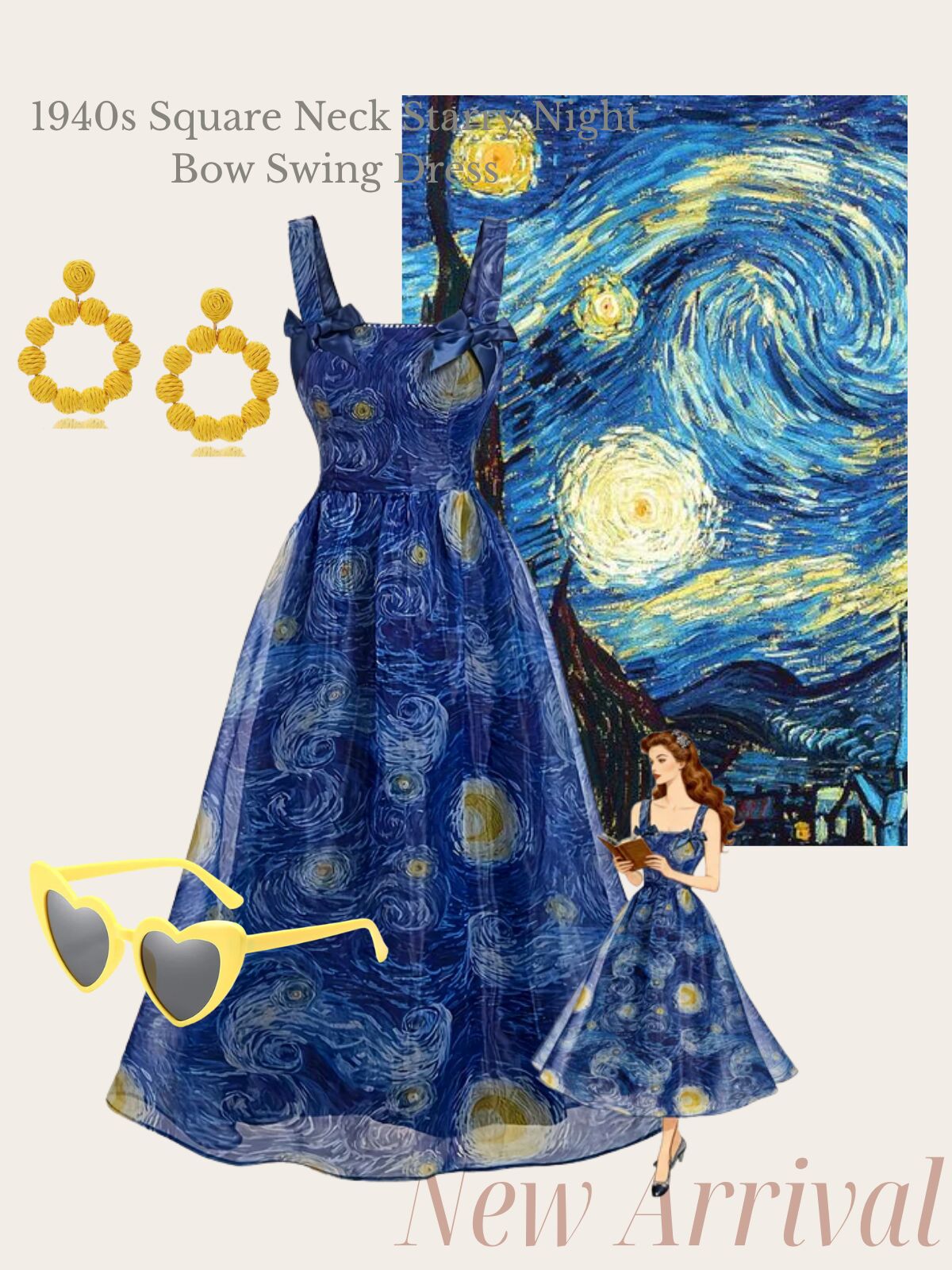 Blue 1940s Square Neck Starry Night Bow Swing Dress