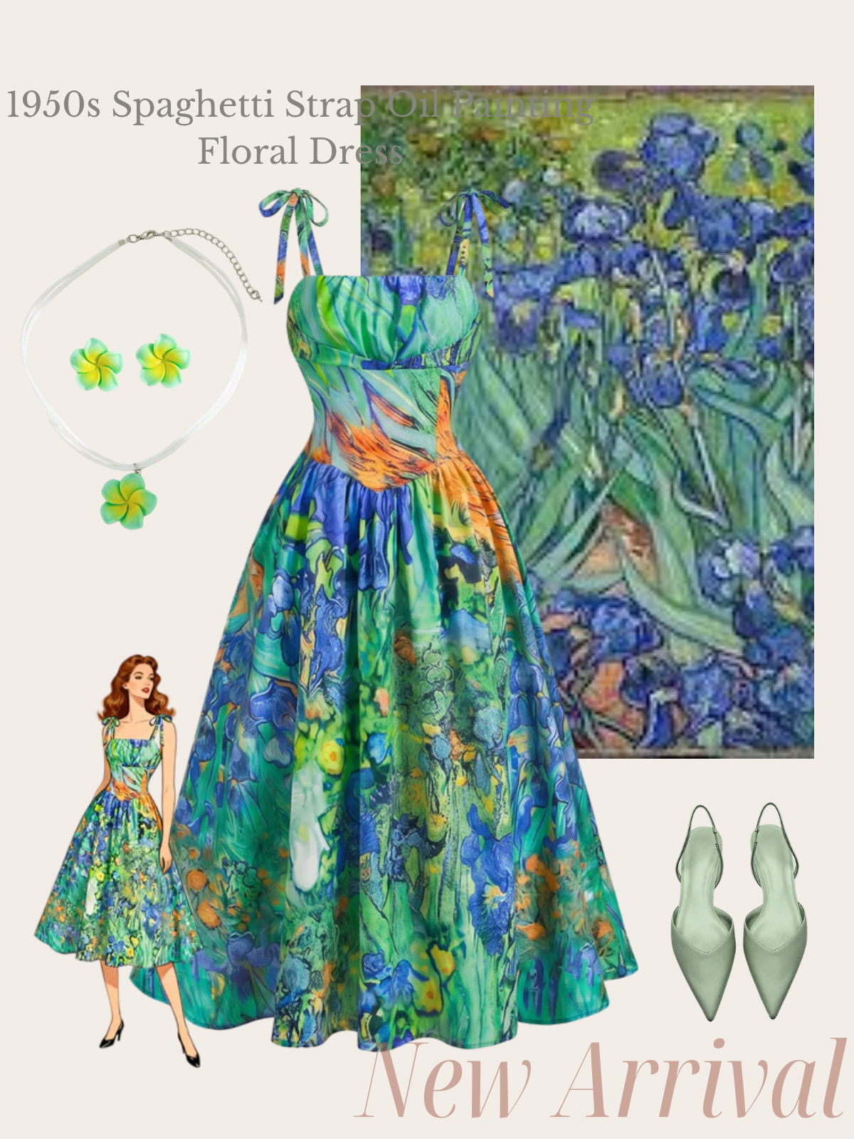 Green 1950s Spaghetti Strap Oil Painting Floral Dress