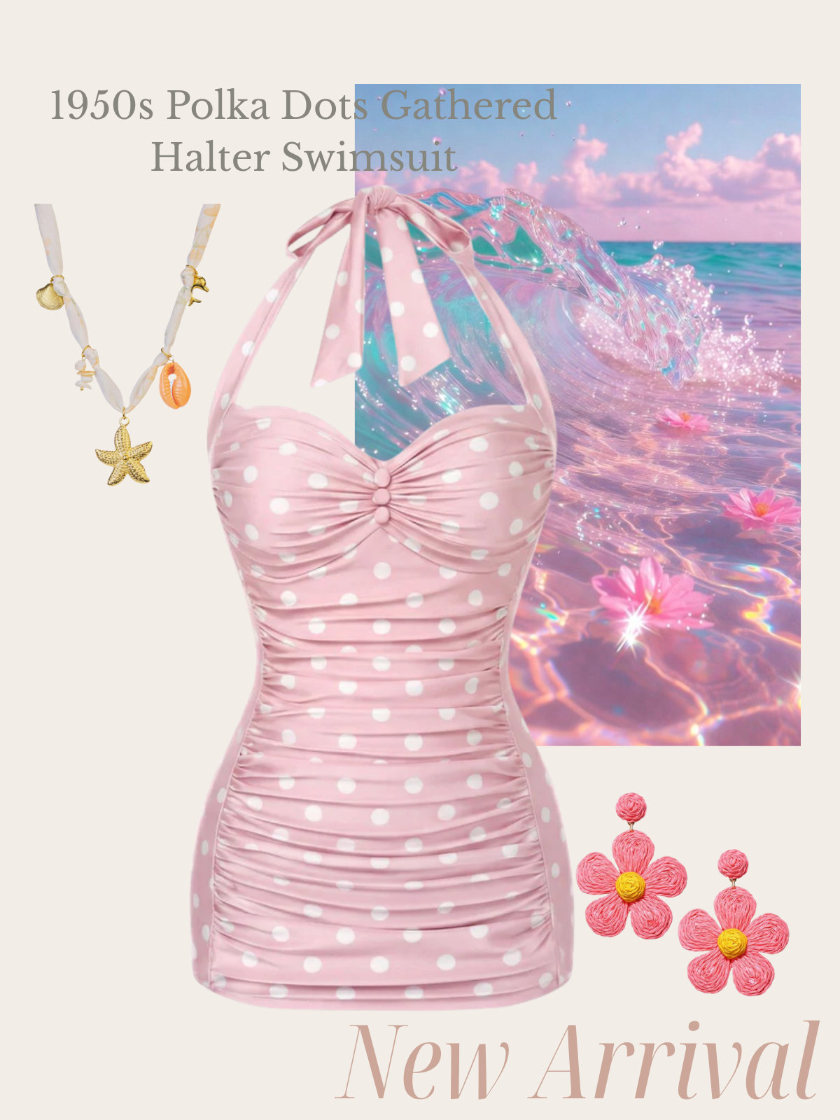 [Pre-Sale] Pink 1950s Polka Dots Gathered Halter Swimsuit