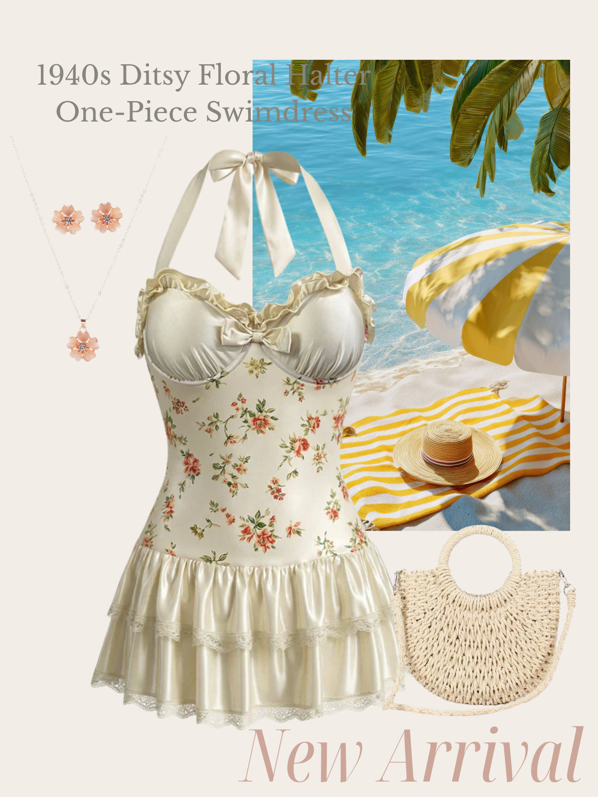 [Pre-Sale] Apricot 1940s Ditsy Floral Halter One-Piece Swimdress