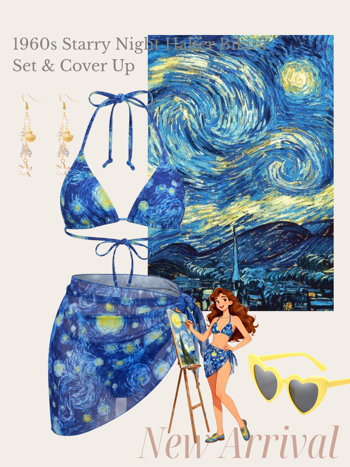 Blue 1960s Starry Night Halter Bikini Set & Cover Up