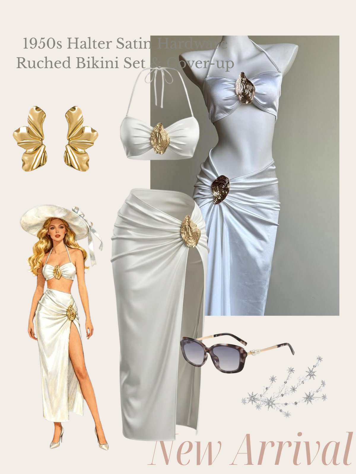 White 1950s Halter Satin Hardware Ruched Bikini Set & Cover-up