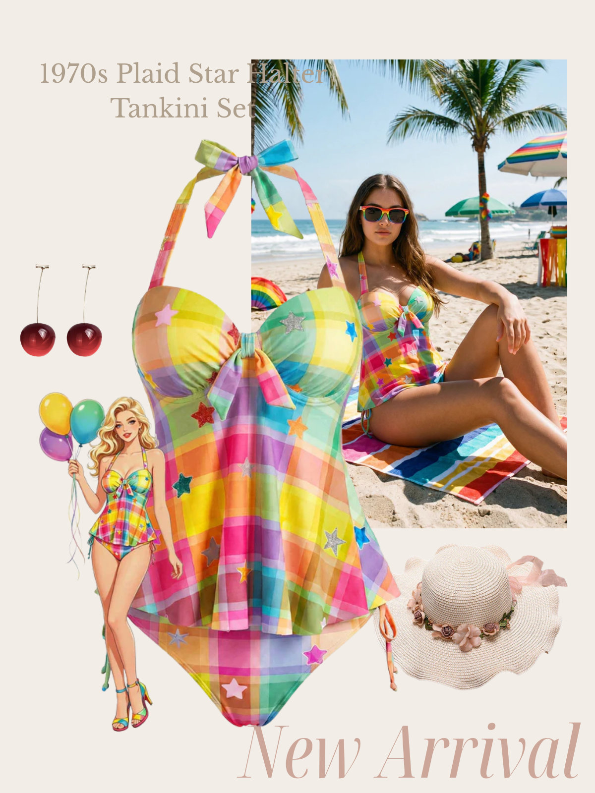 [Pre-Sale] Rainbow 1970s Plaid Star Halter Tankini Set