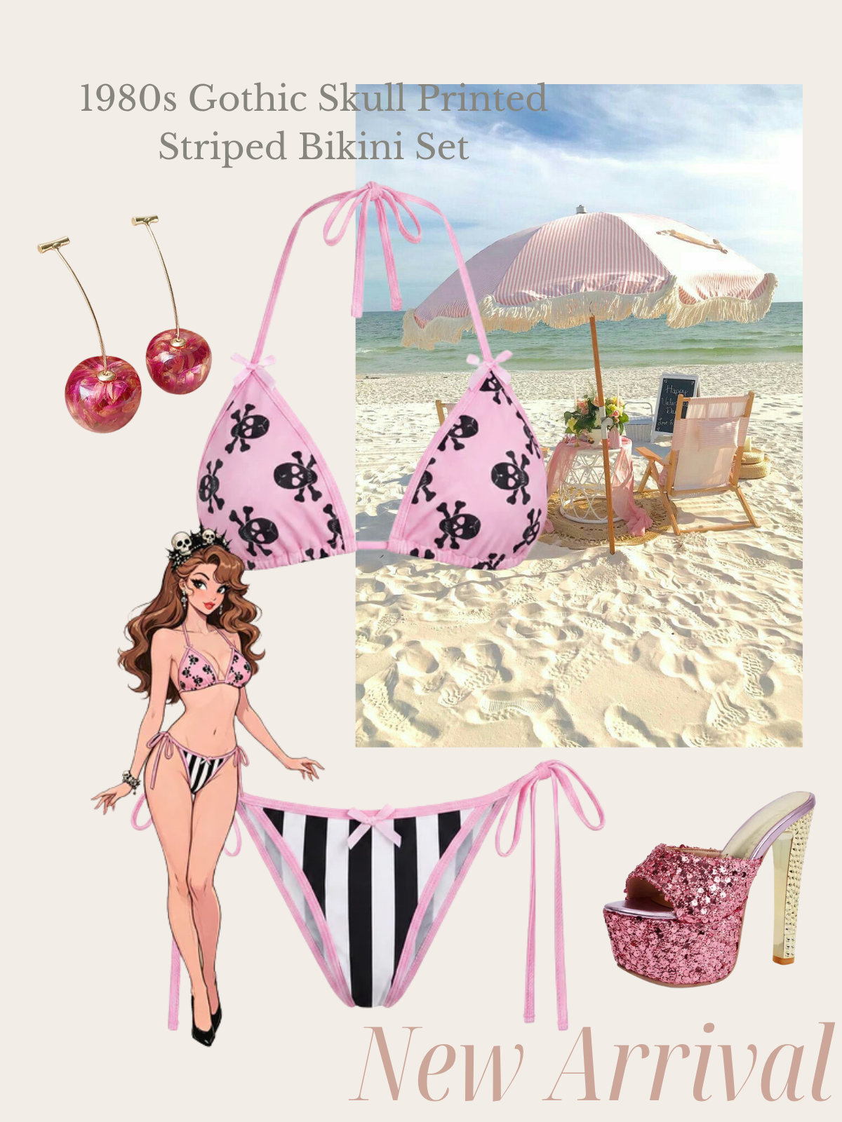 [Pre-Sale] Pink 1980s Gothic Skull Printed Striped Bikini Set