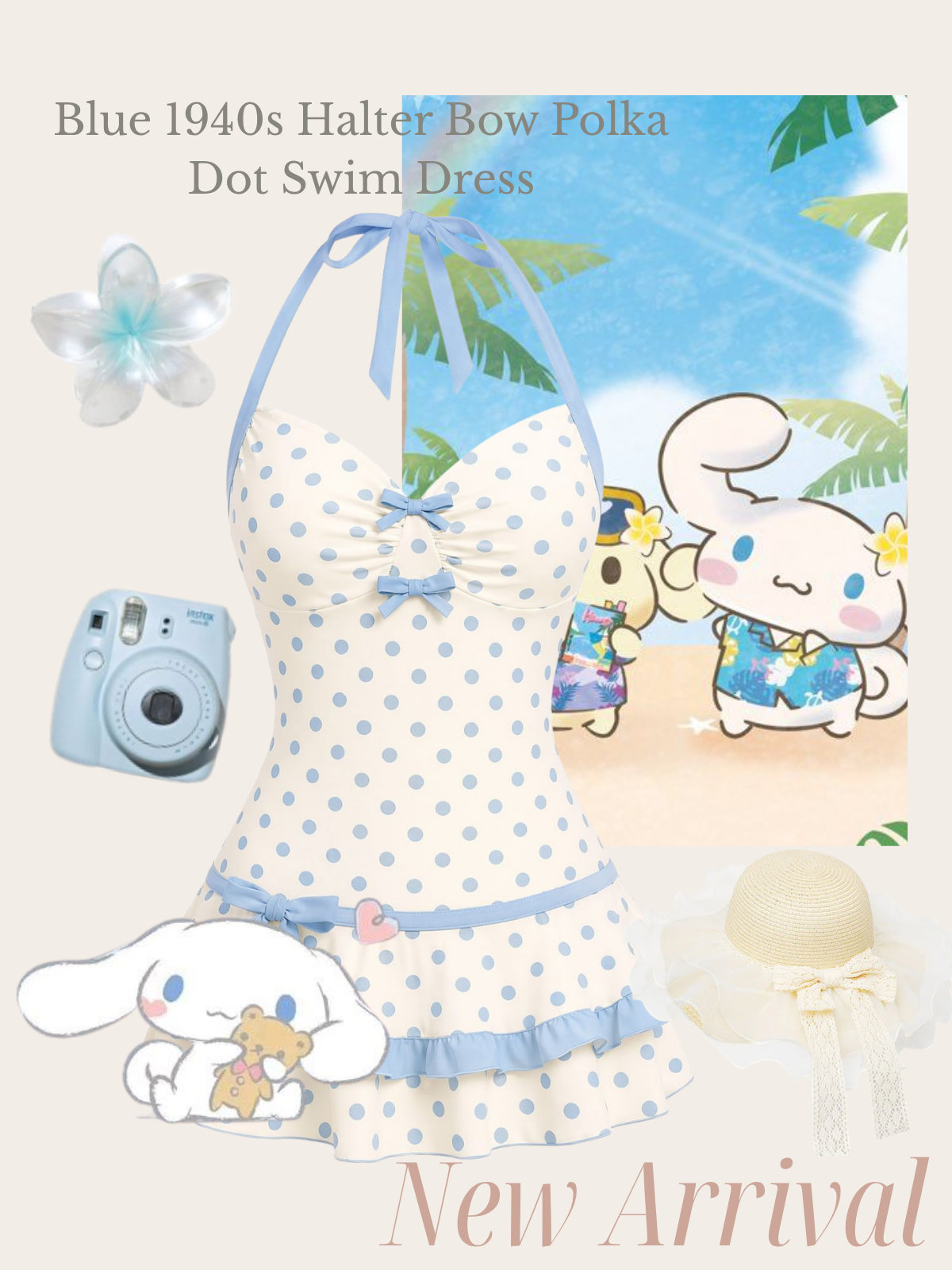 [Pre-Sale] Blue 1940s Halter Bow Polka Dot Swim Dress