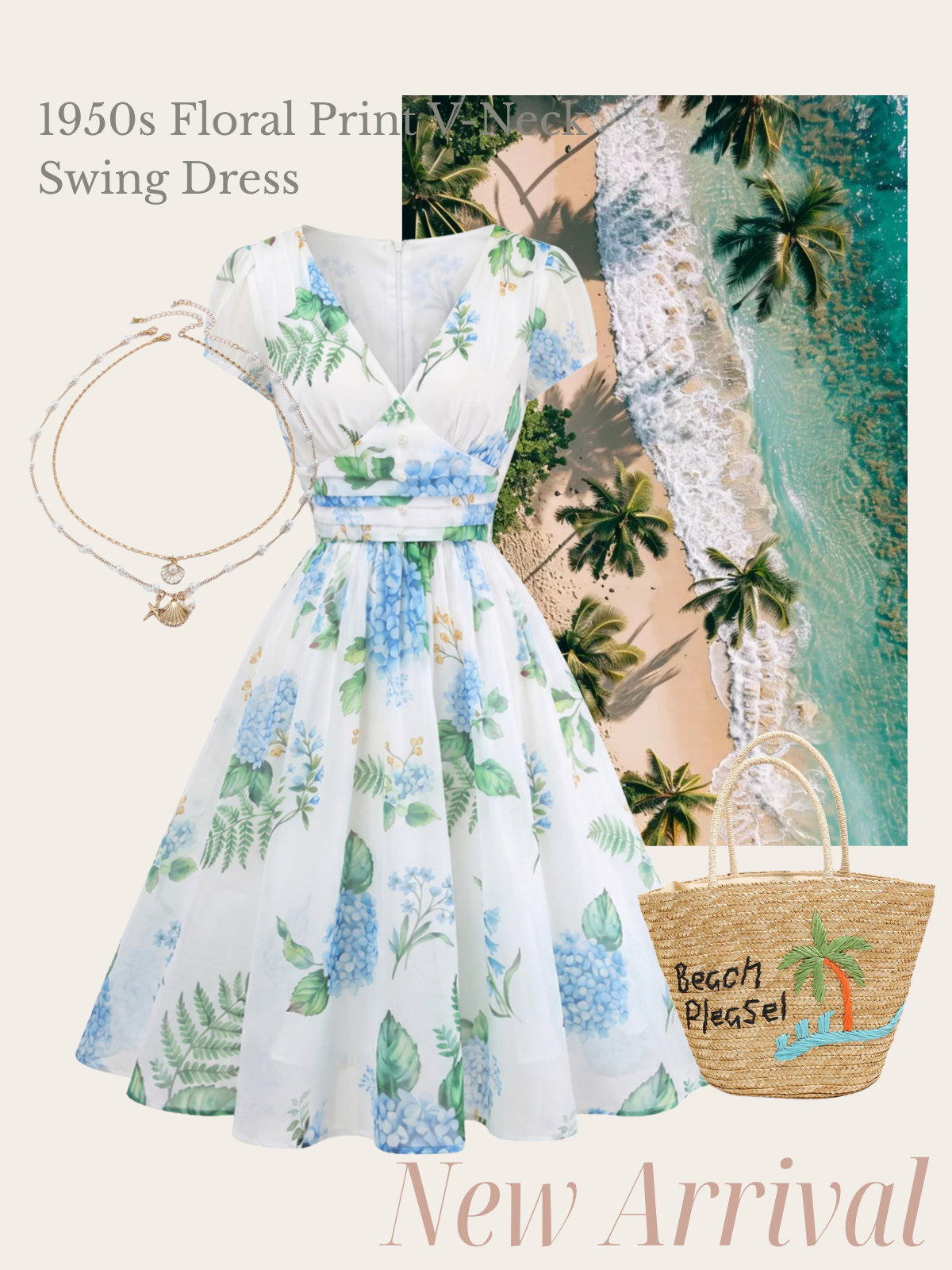 [Pre-Sale] Blue 1950s Floral Print V-Neck Swing Dress