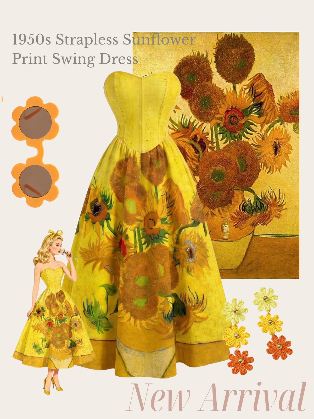 [Pre-Sale] Yellow 1950s Strapless Sunflower Print Swing Dress