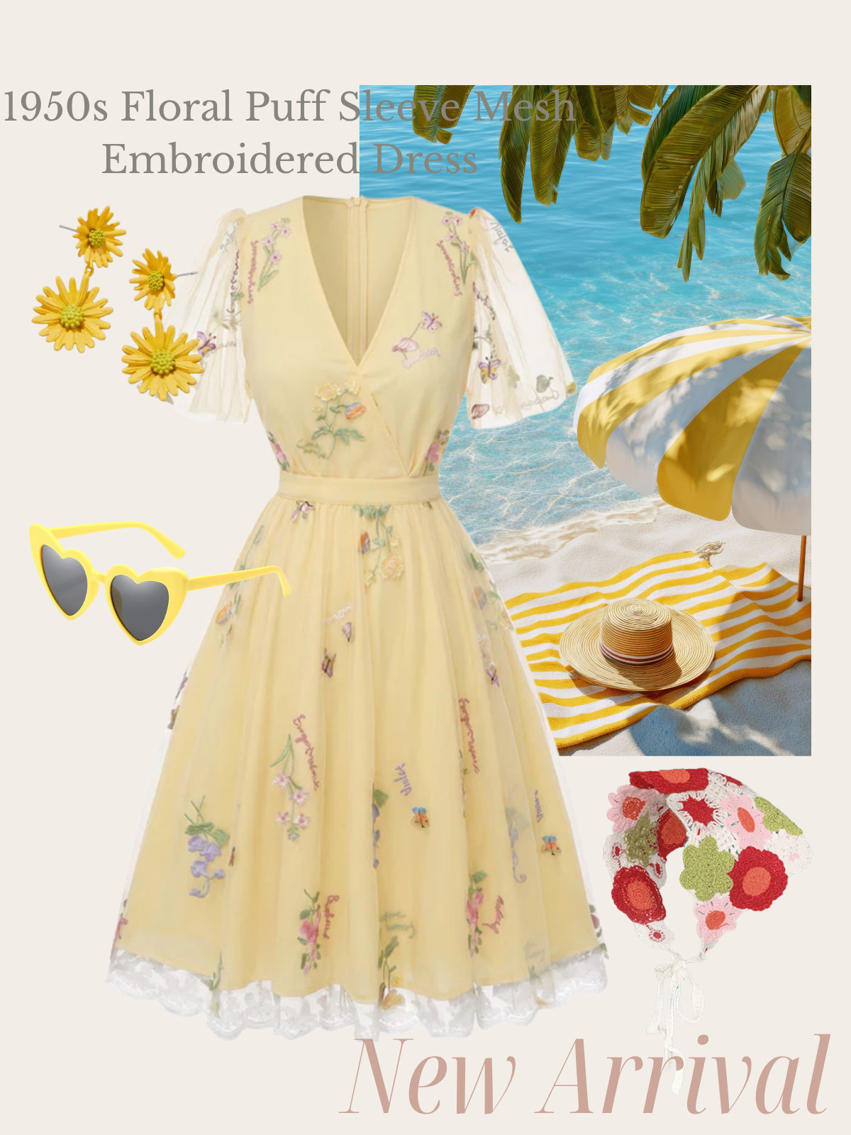[Pre-Sale] Yellow 1950s Floral Puff Sleeve Mesh Embroidered Dress
