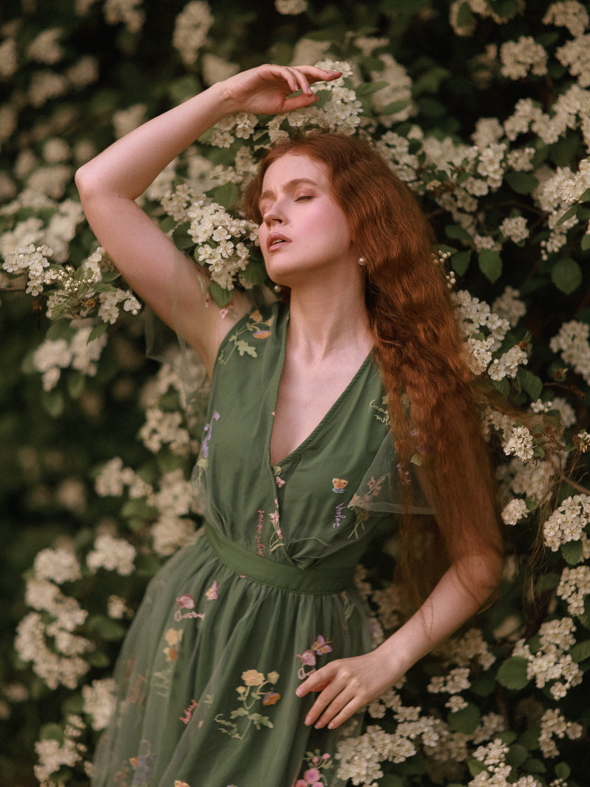 Green 1950s Floral Puff Sleeve Mesh Embroidered Dress