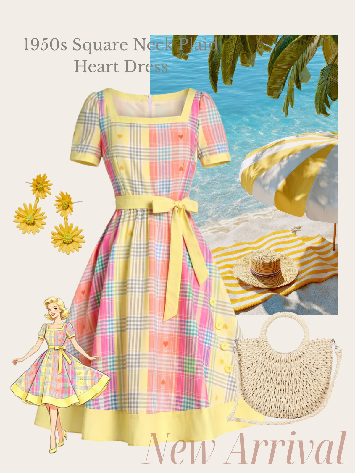 [Pre-Sale] Light Yellow 1950s Square Neck Plaid Heart Dress