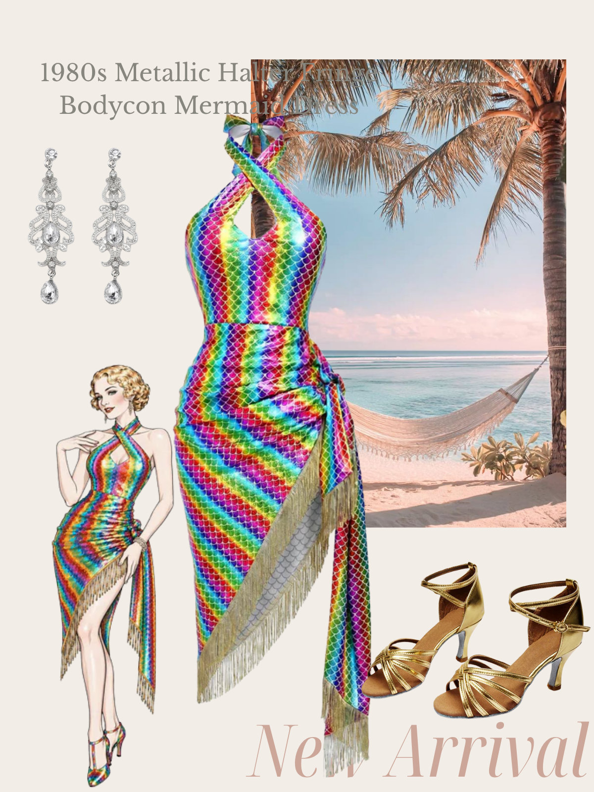 [Pre-Sale] Rainbow 1980s Metallic Halter Fringe Bodycon Mermaid Dress