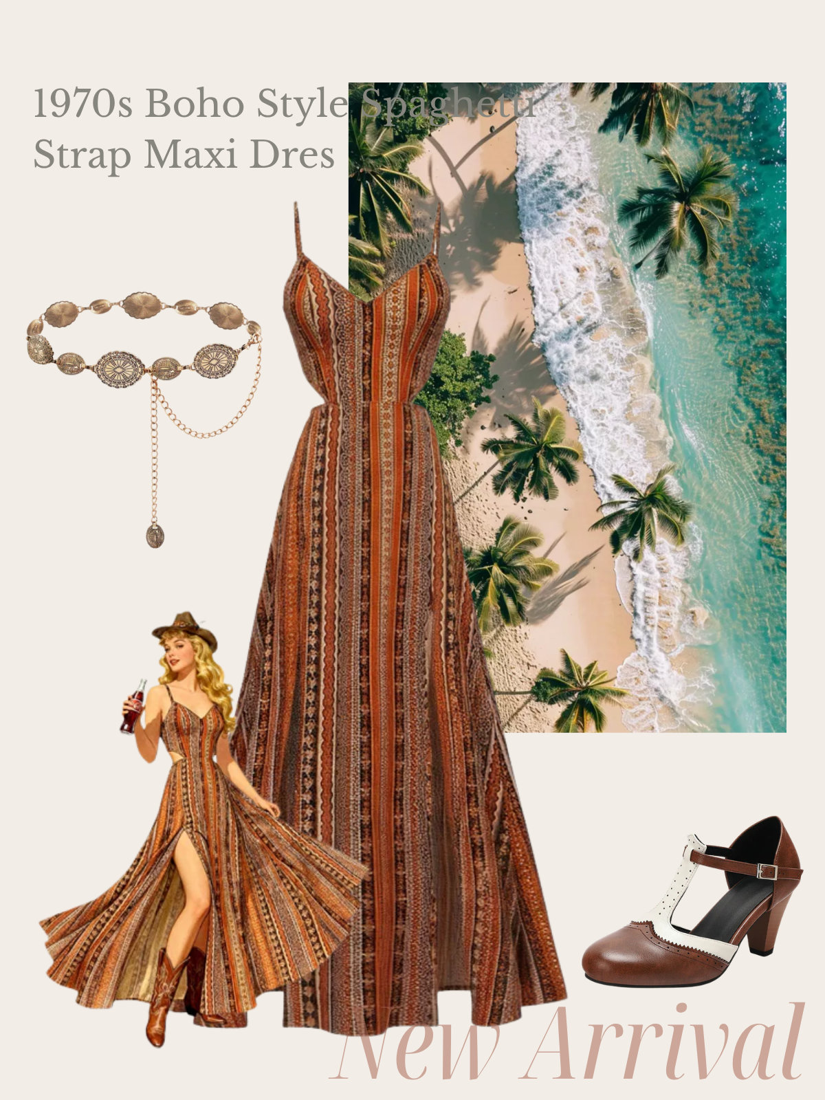 1970s Boho Style Spaghetti Strap Maxi Dress