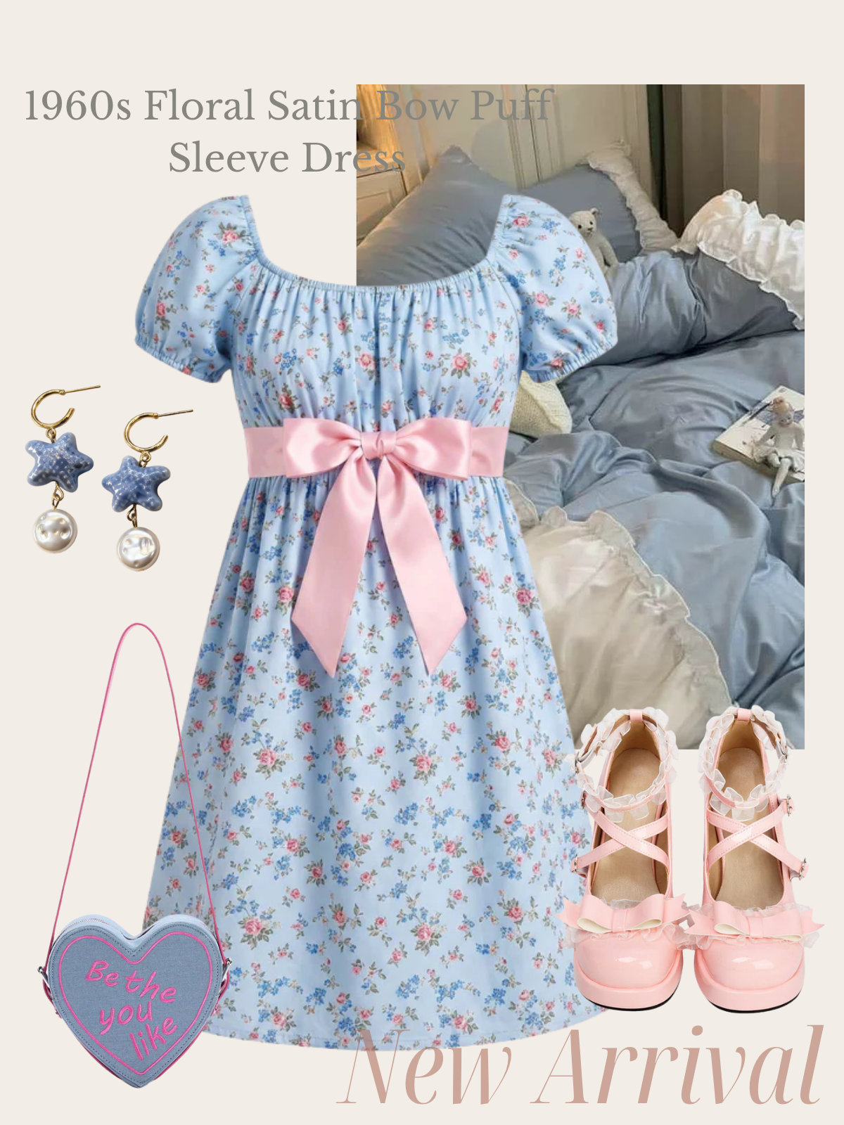 [Pre-Sale] Light Blue 1960s Floral Satin Bow Puff Sleeve Dress