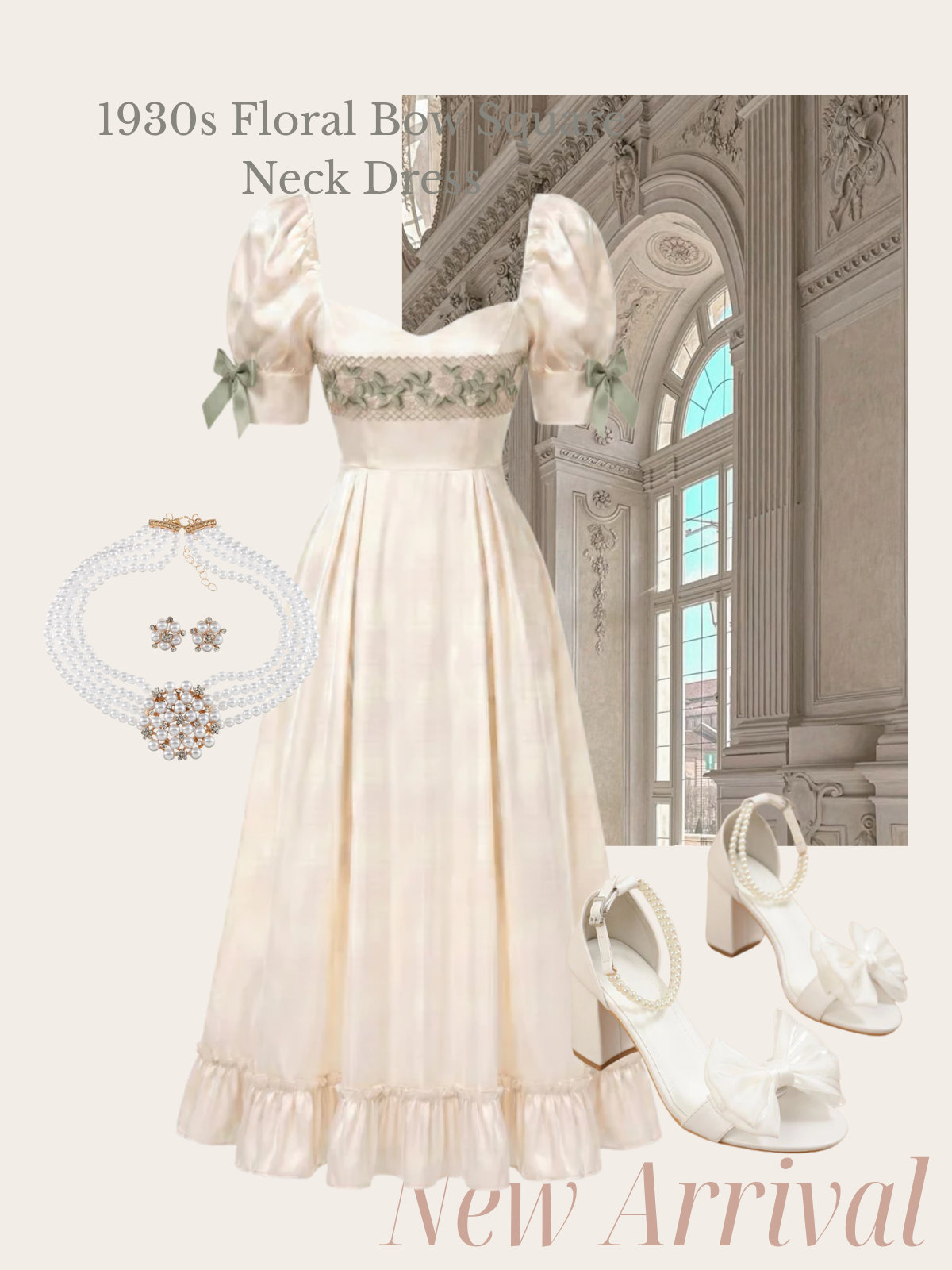 [Pre-Sale] Cream Color 1930s Floral Bow Square Neck Dress