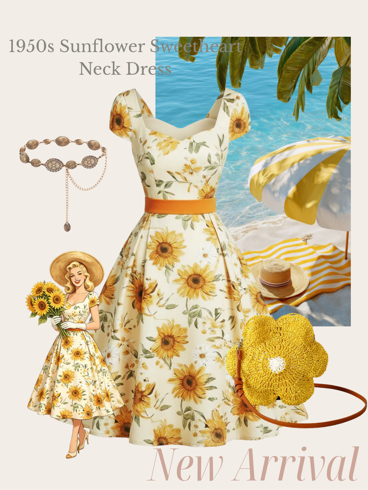[Pre-Sale] Orange 1950s Sunflower Sweetheart Neck Dress