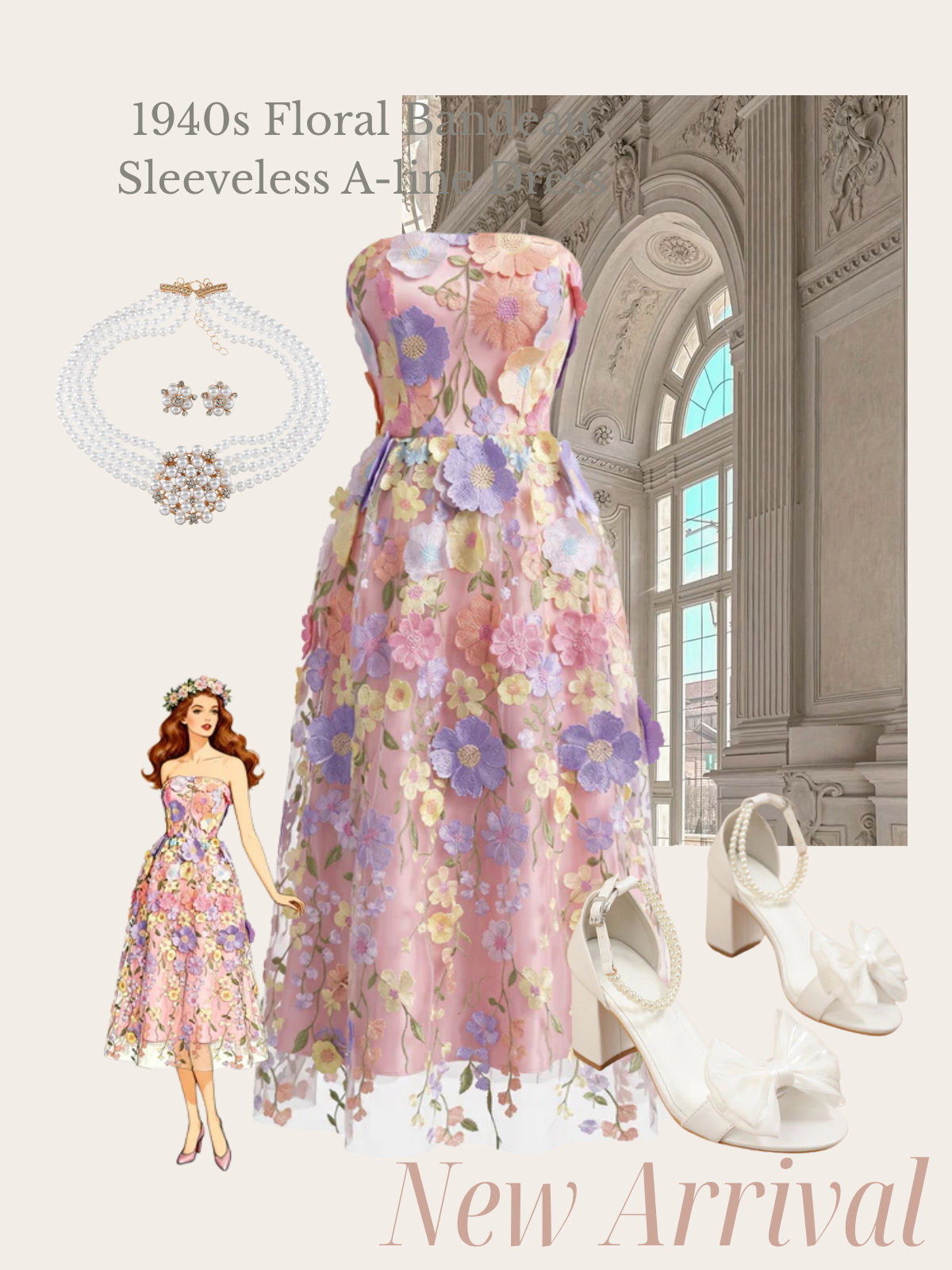 Pink 1940s Floral Bandeau Sleeveless A-line Dress