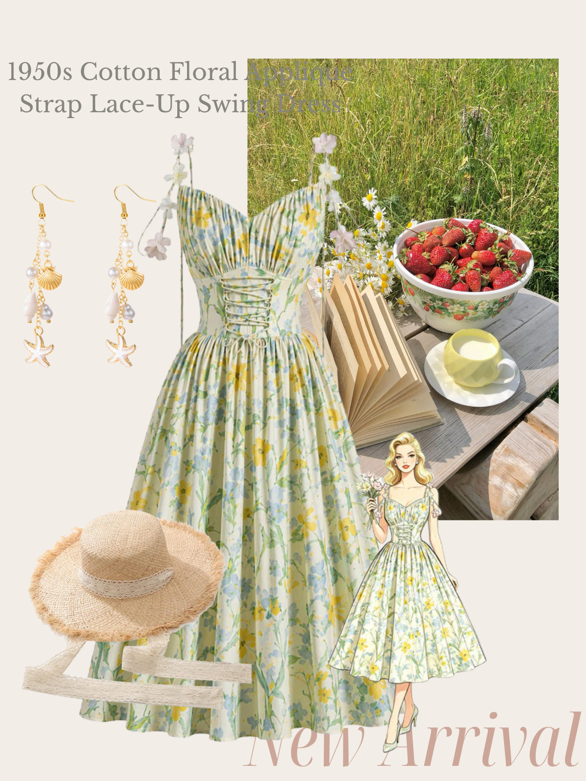 [Pre-Sale] 1950s Cotton Floral Applique Strap Lace-Up Swing Dress