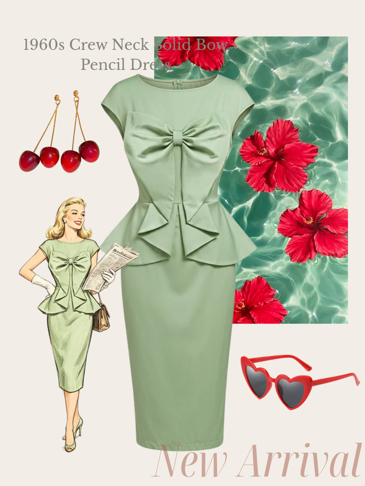 [Pre-Sale] Green 1960s Crew Neck Solid Bow Pencil Dress
