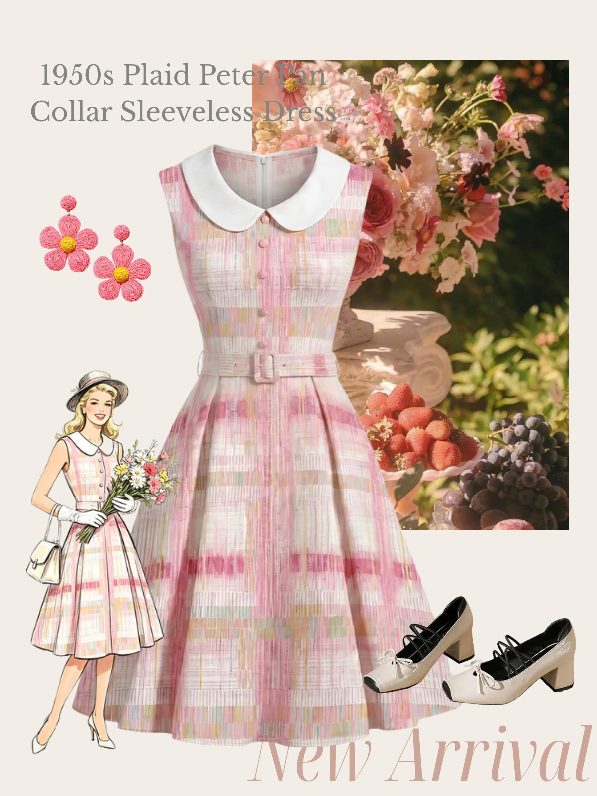 [Pre-Sale] Pink 1950s Plaid Peter Pan Collar Sleeveless Dress