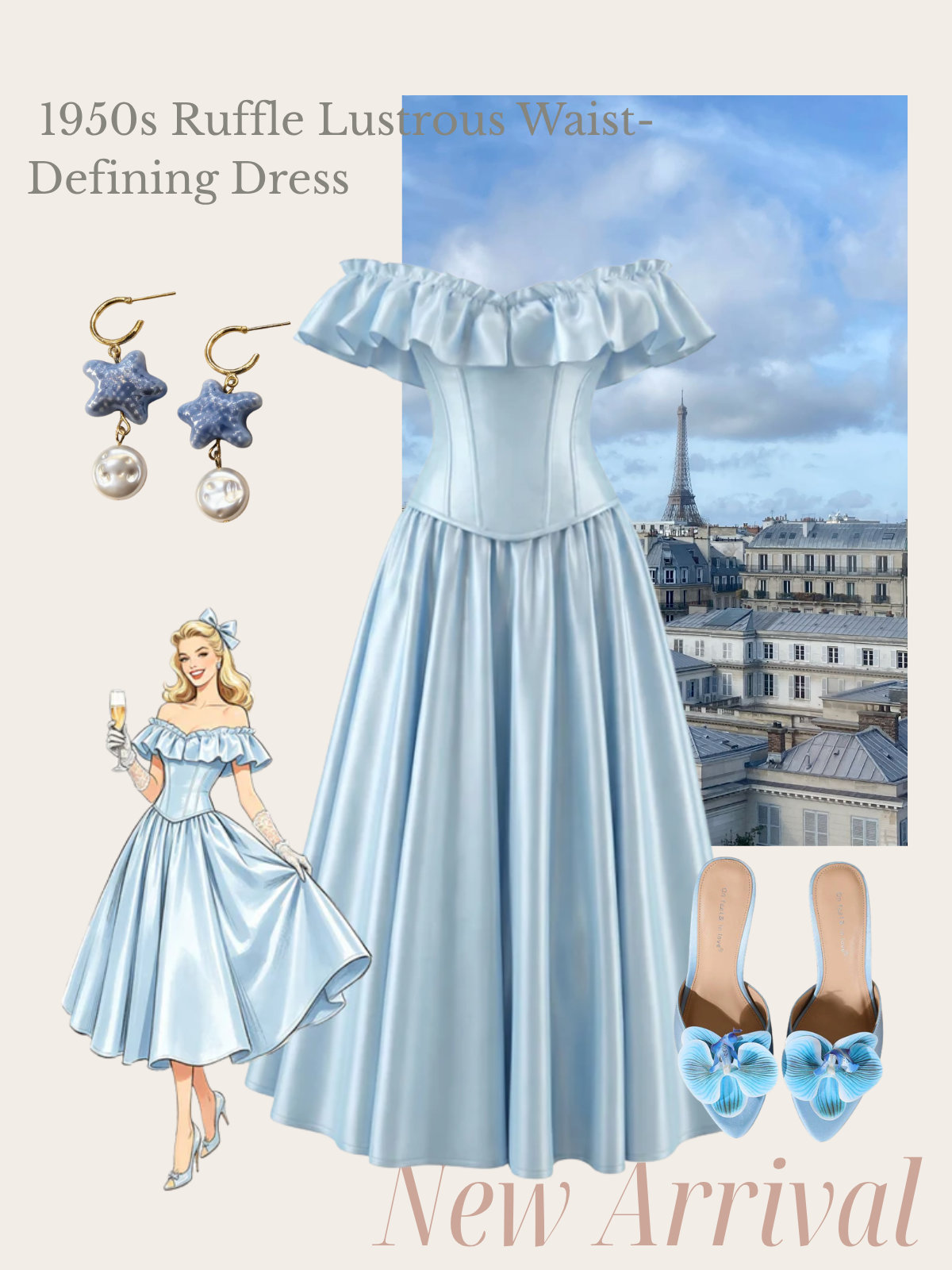[Pre-Sale] Light Blue 1950s Ruffle Lustrous Waist-Defining Dress