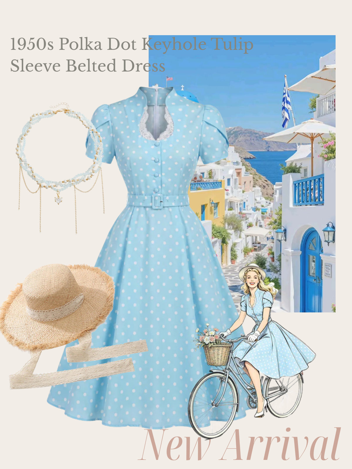 [Pre-Sale] Blue 1950s Polka Dot Keyhole Tulip Sleeve Belted Dress