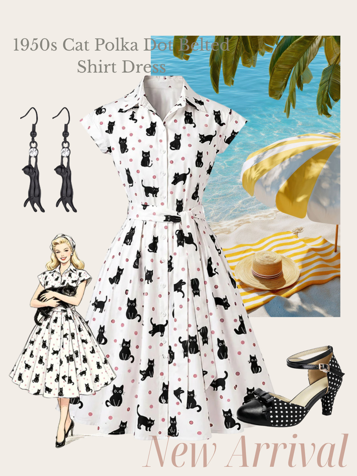 [Pre-Sale] 1950s Cat Polka Dot Belted Shirt Dress