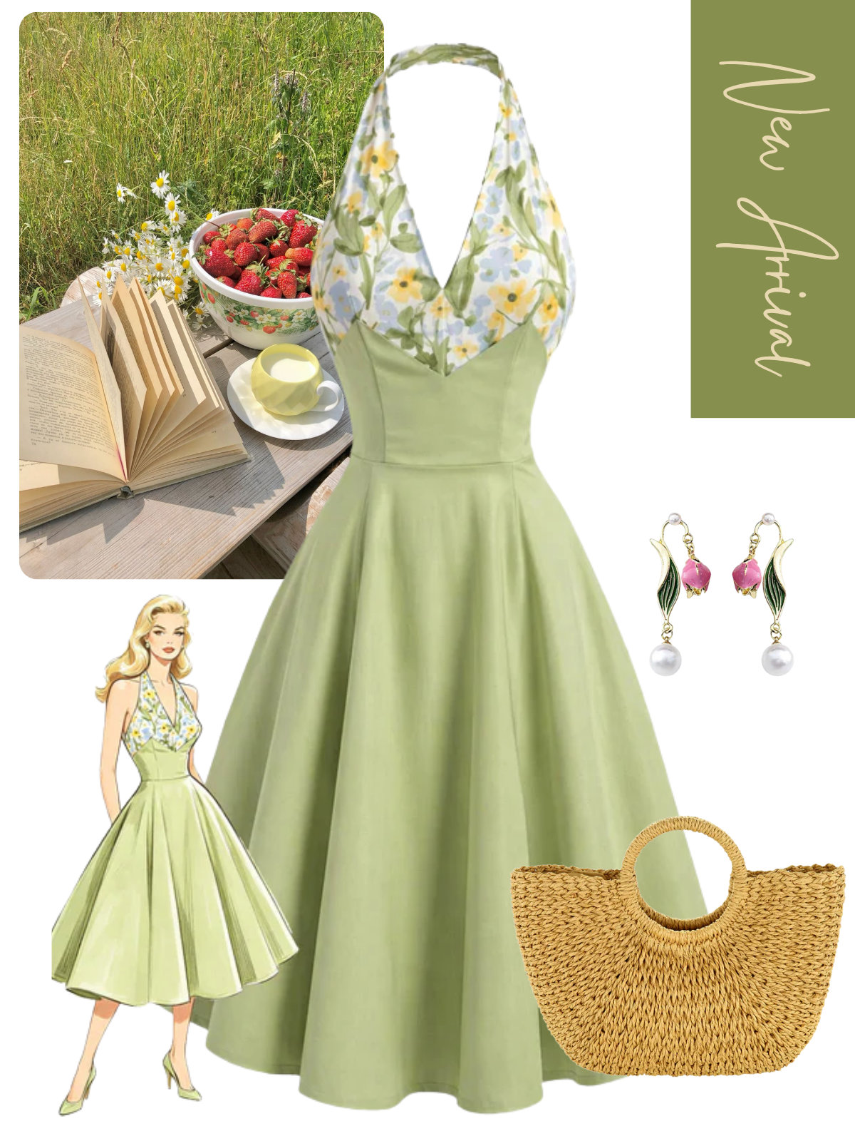 [Pre-Sale] Green 1950s Floral Patchwork V-Neck Halter Swing Dress