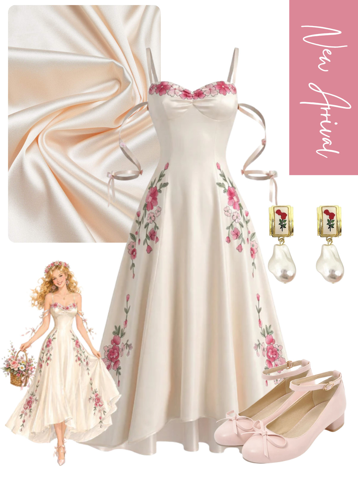 [Pre-Sale] White 1940s 3D-Floral Satin Hollow Slip Dress