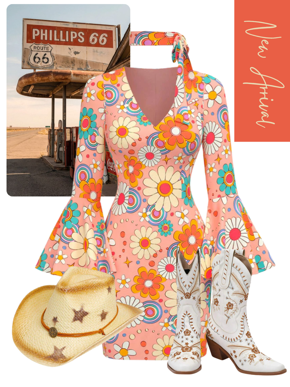 [Pre-Sale] Multicolor 1960s Daisy Flare Sleeve Hippie Dress