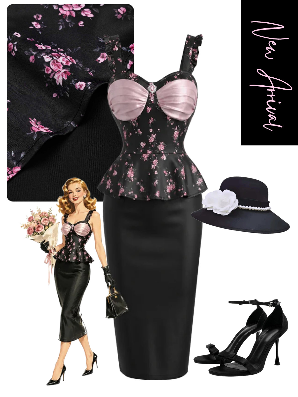 [Pre-Sale] Black & Pink 1960s Floral Bustier Peplum Pencil Dress