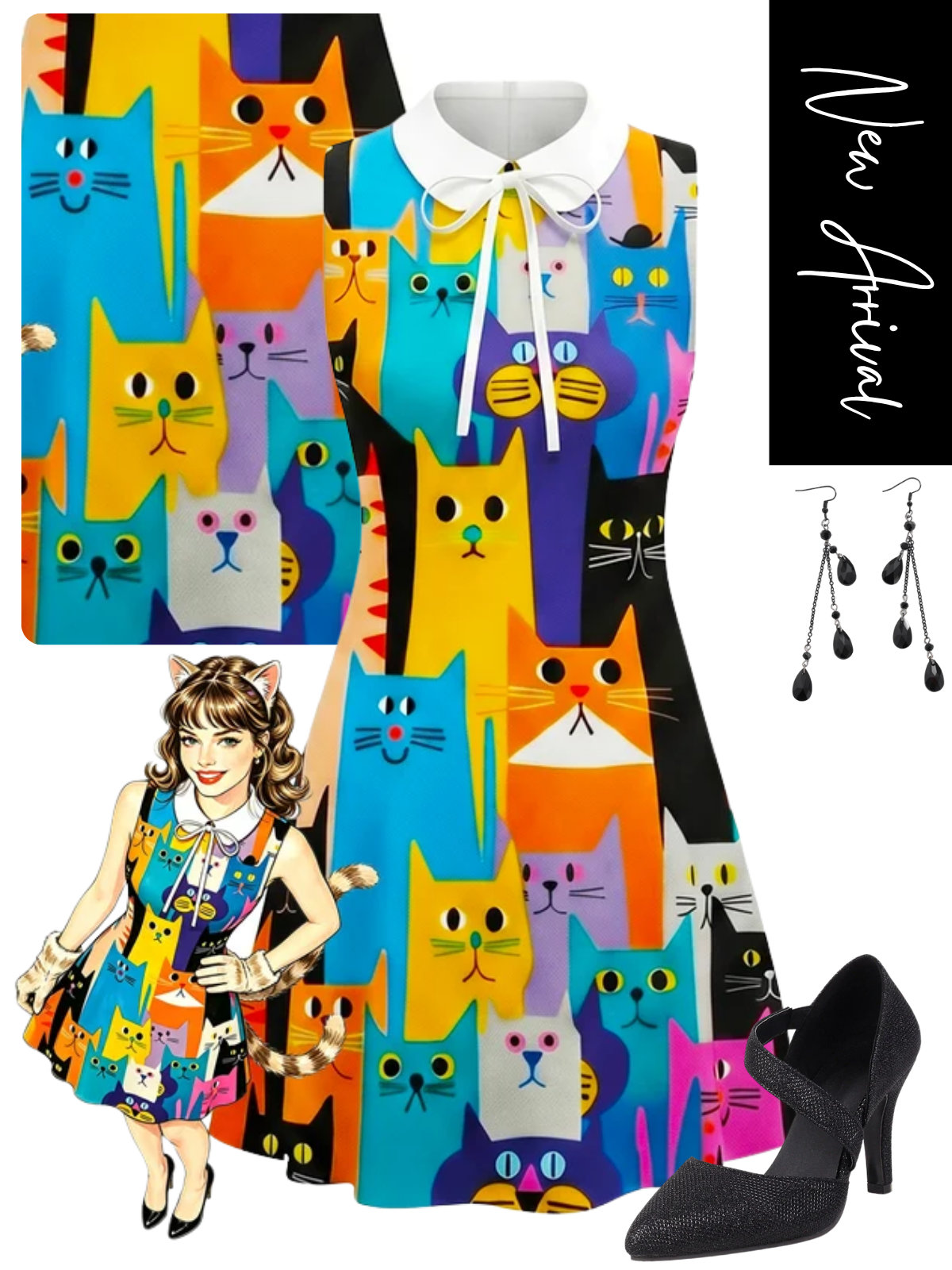[Pre-Sale] Multicolor 1960s Cats A-Line Peter Pan Collar Dress