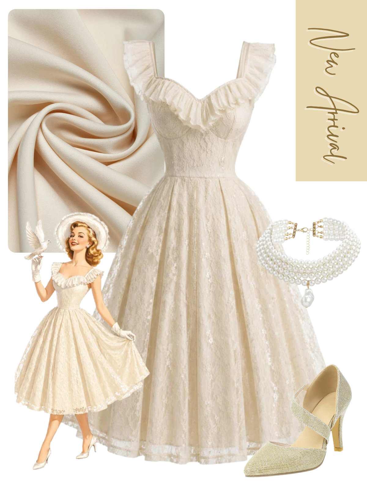 [Pre-Sale] Orange 1950s Lace Ruffle Sweetheart Neck Swing Dress