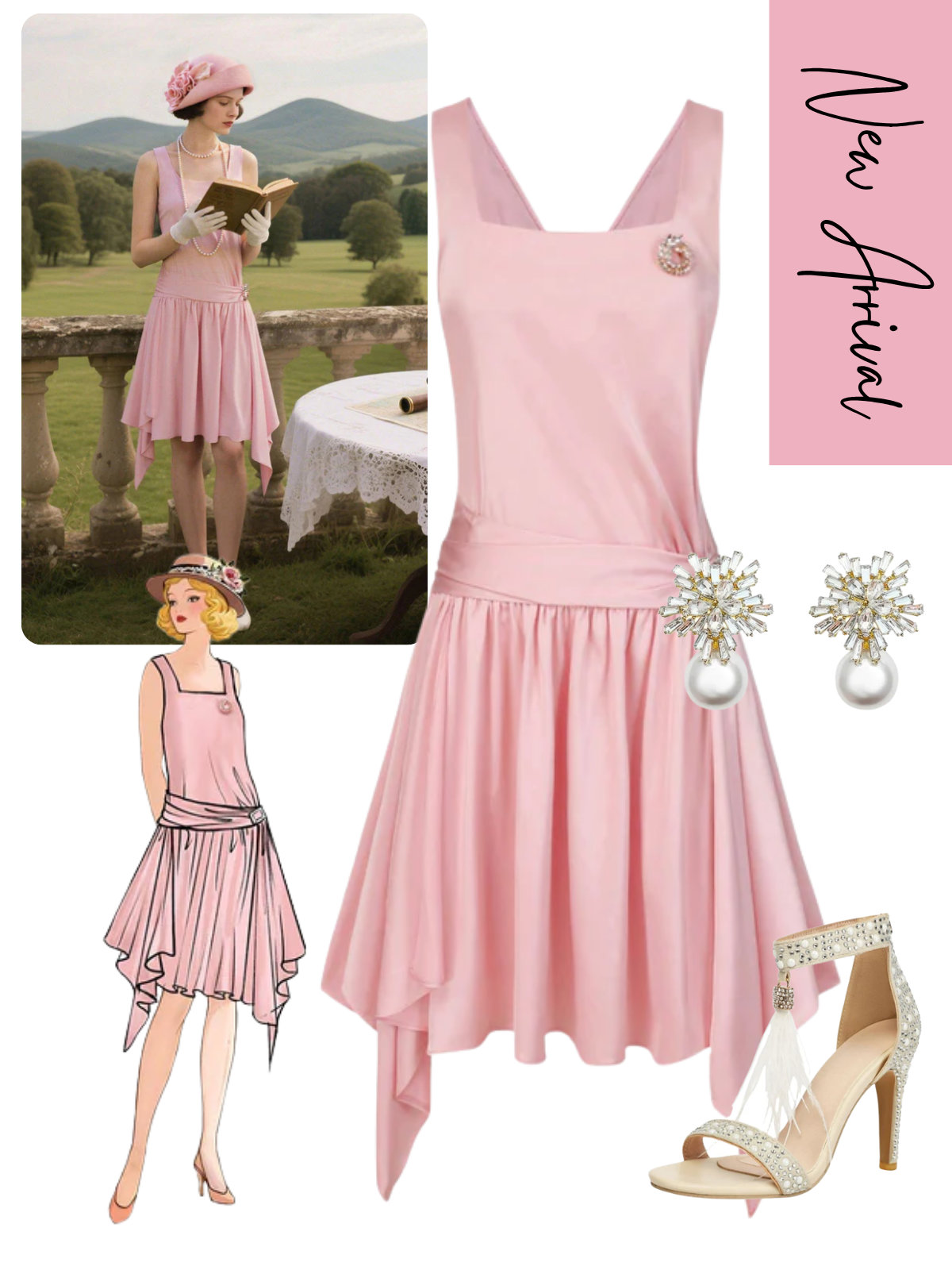 [Pre-Sale] Light Pink 1920s Satin Square Neck Back Bow Dress