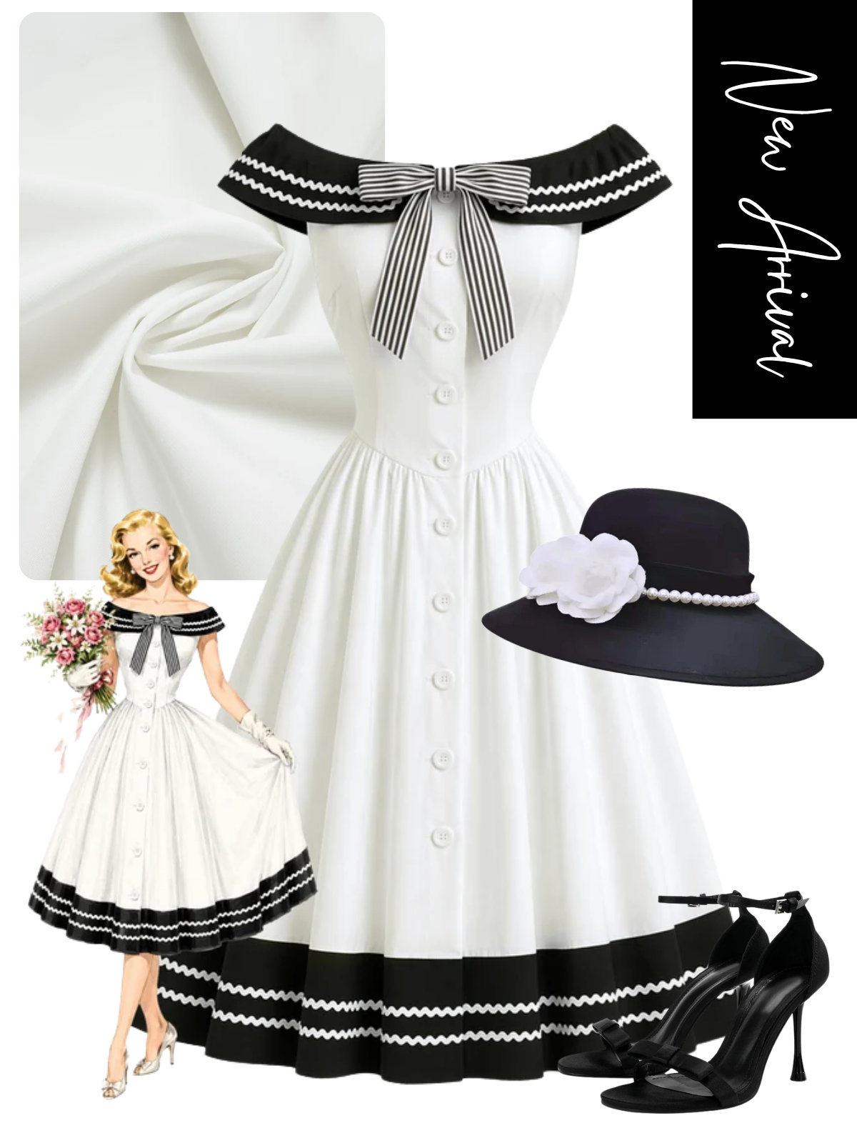 [Pre-Sale] Black & White 1950s Off-Shoulder Stripe Bow Dress