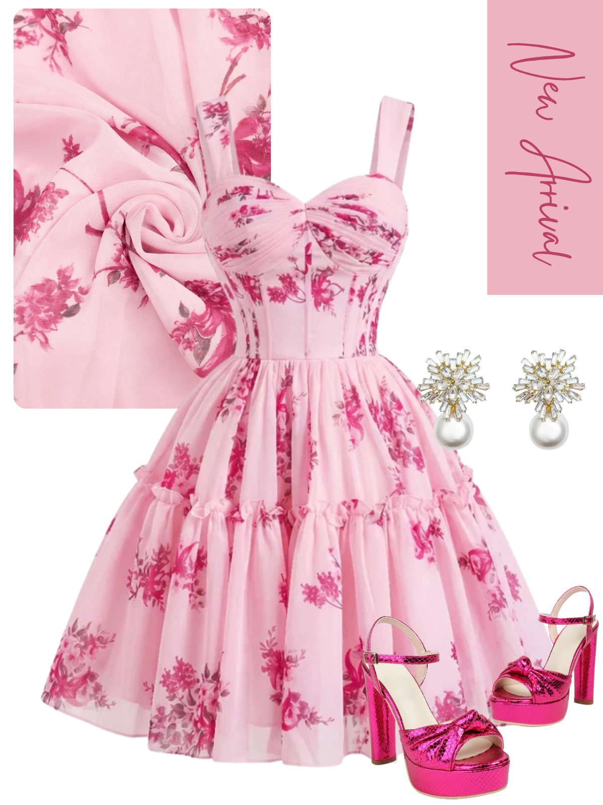 [Pre-Sale] Pink 1950s Ditsy Floral Corset Back-Tie Tutu Dress